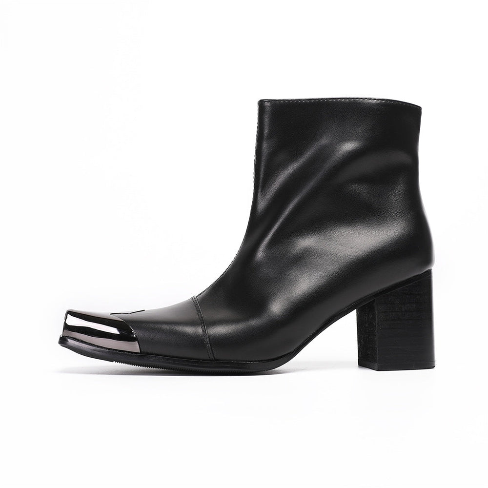 A pair of men's black leather square toe ankle boots with a gunmetal cap and block heel, shown from various angles.