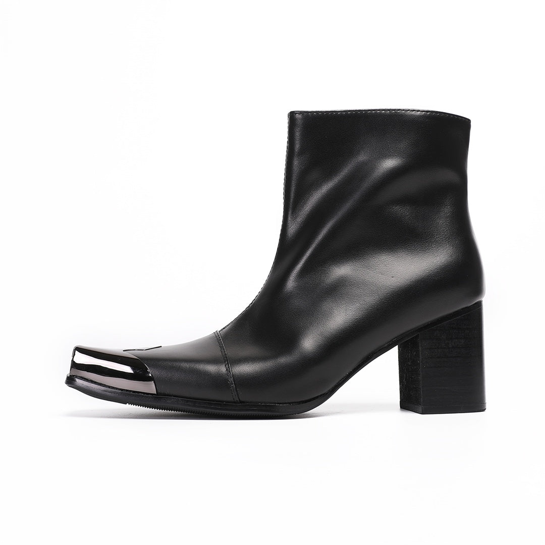 A pair of men's black leather square toe ankle boots with a gunmetal cap and block heel, shown from various angles.
