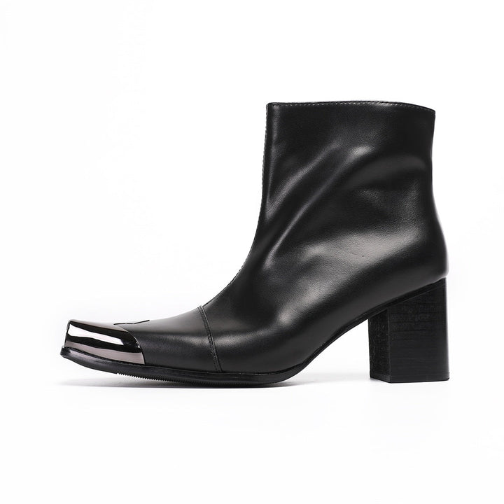 A pair of men's black leather square toe ankle boots with a gunmetal cap and block heel, shown from various angles.