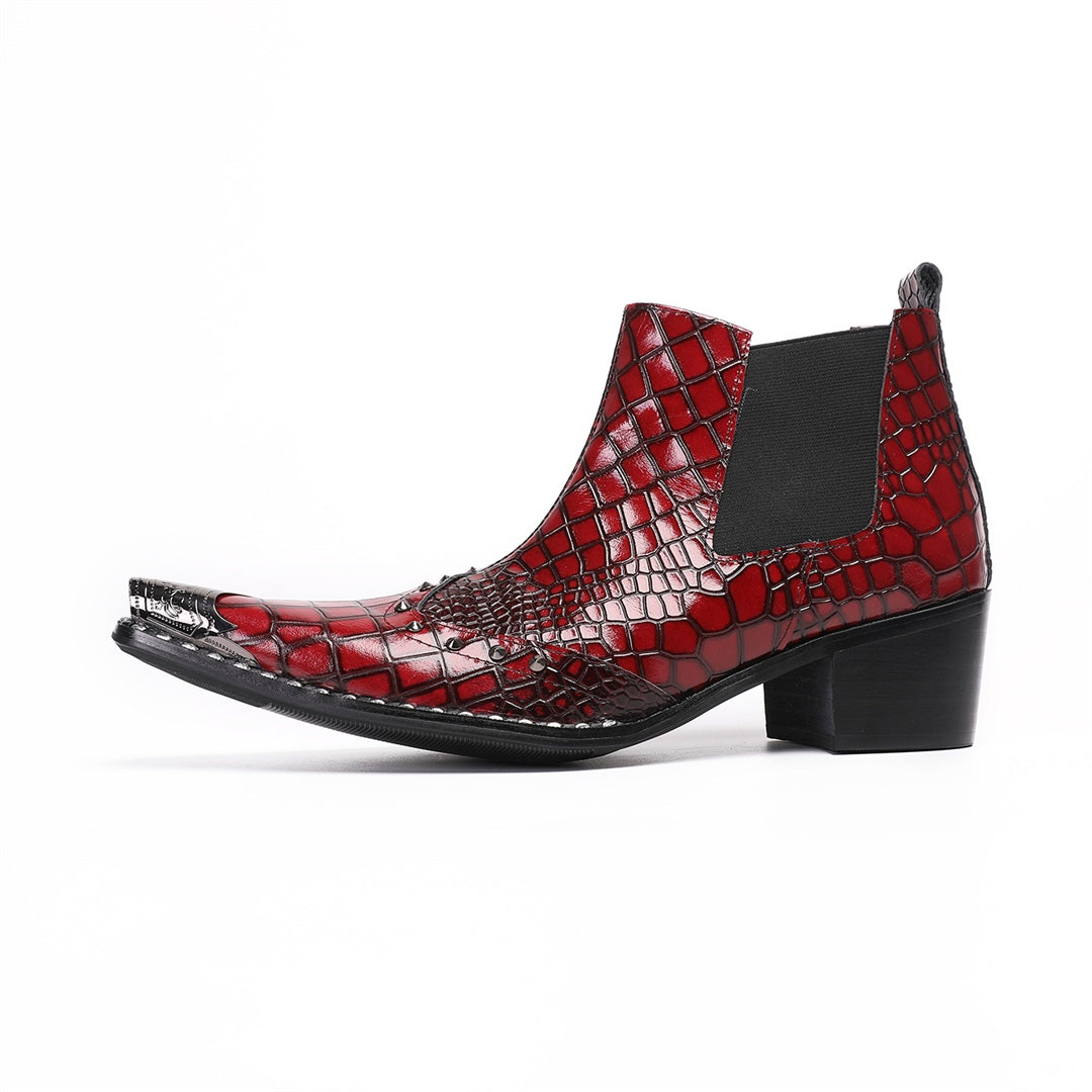 Pair of men's red crocodile embossed Chelsea boots with pointed metal toe caps and studs