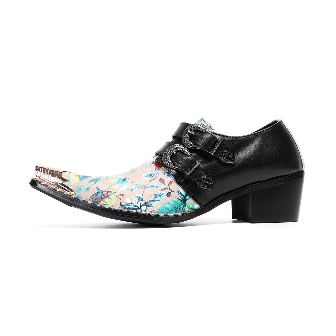 Pair of men's black and floral print buckle dress shoes with a gold metal pointed toe.