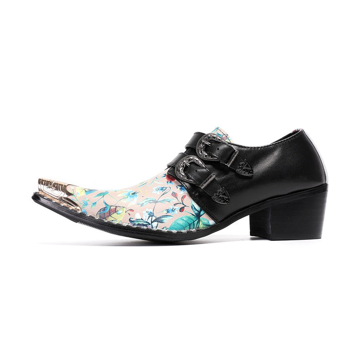 Pair of men's black and floral print buckle dress shoes with a gold metal pointed toe.