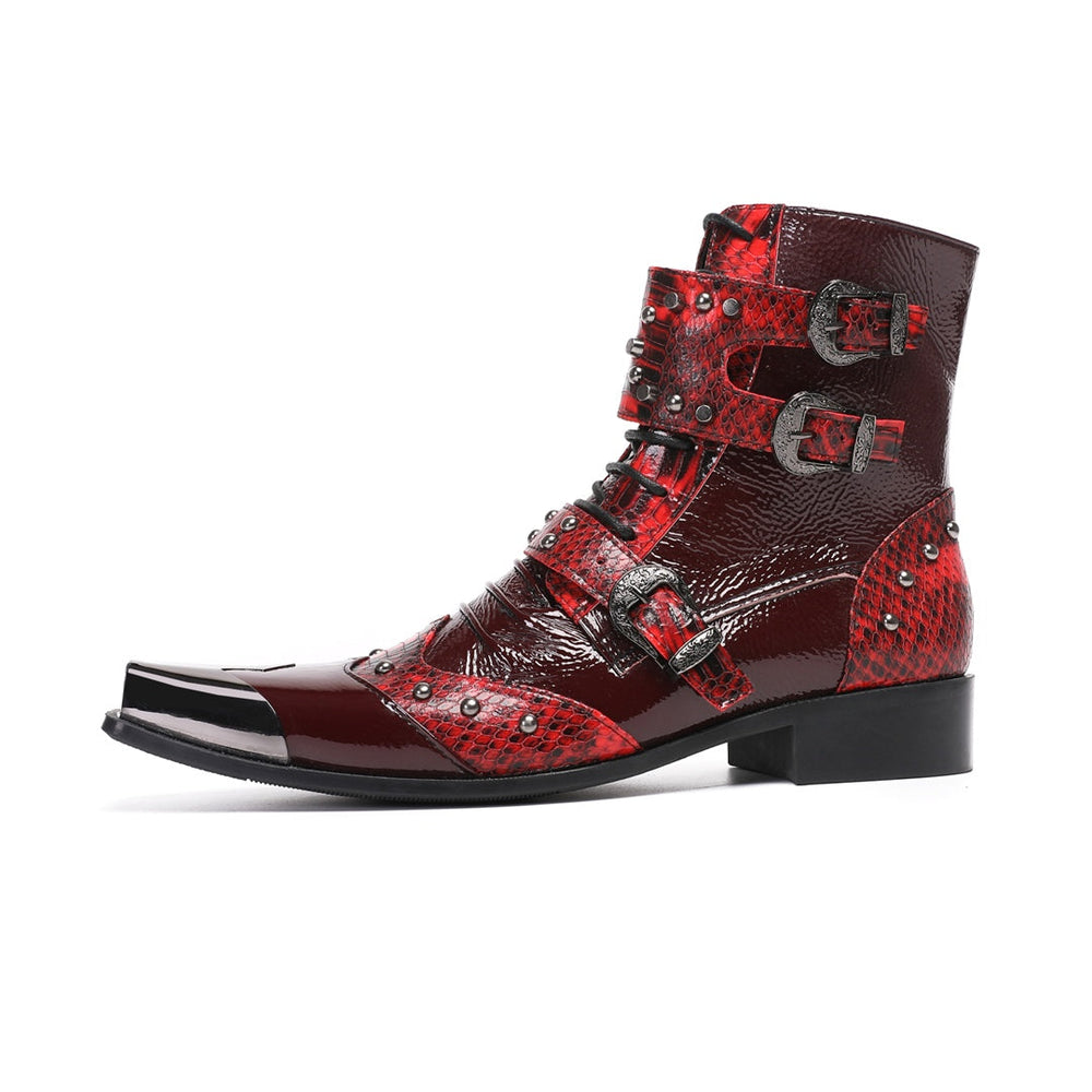 A pair of men's red studded ankle boots with snake print and metal toe cap, shown against a white background.