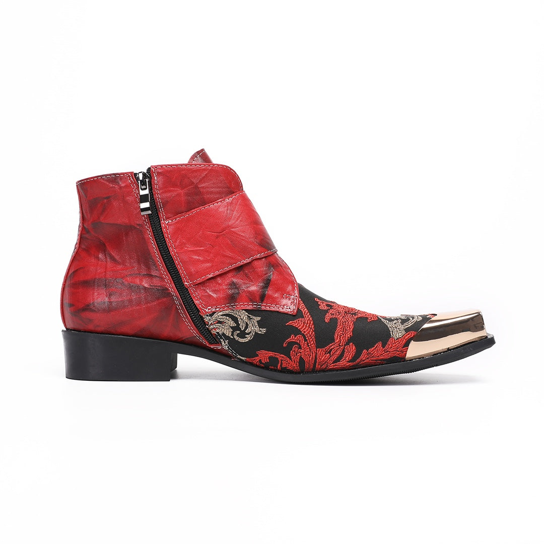 Pair of men's red and black embroidered ankle boots with gold metal square toe caps and double buckle straps.