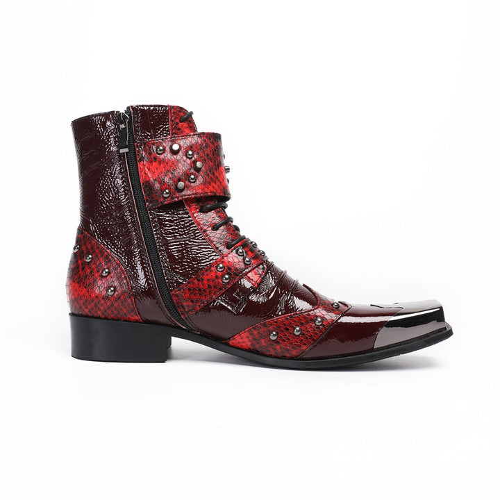 A pair of men's red studded ankle boots with snake print and metal toe cap, shown against a white background.