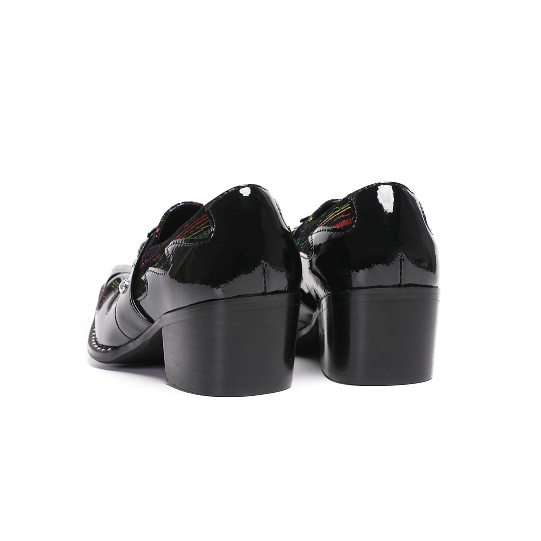 A single black patent leather men's dress shoe with a pointed metal toe, rainbow-striped vamp, and a decorative silver buckle