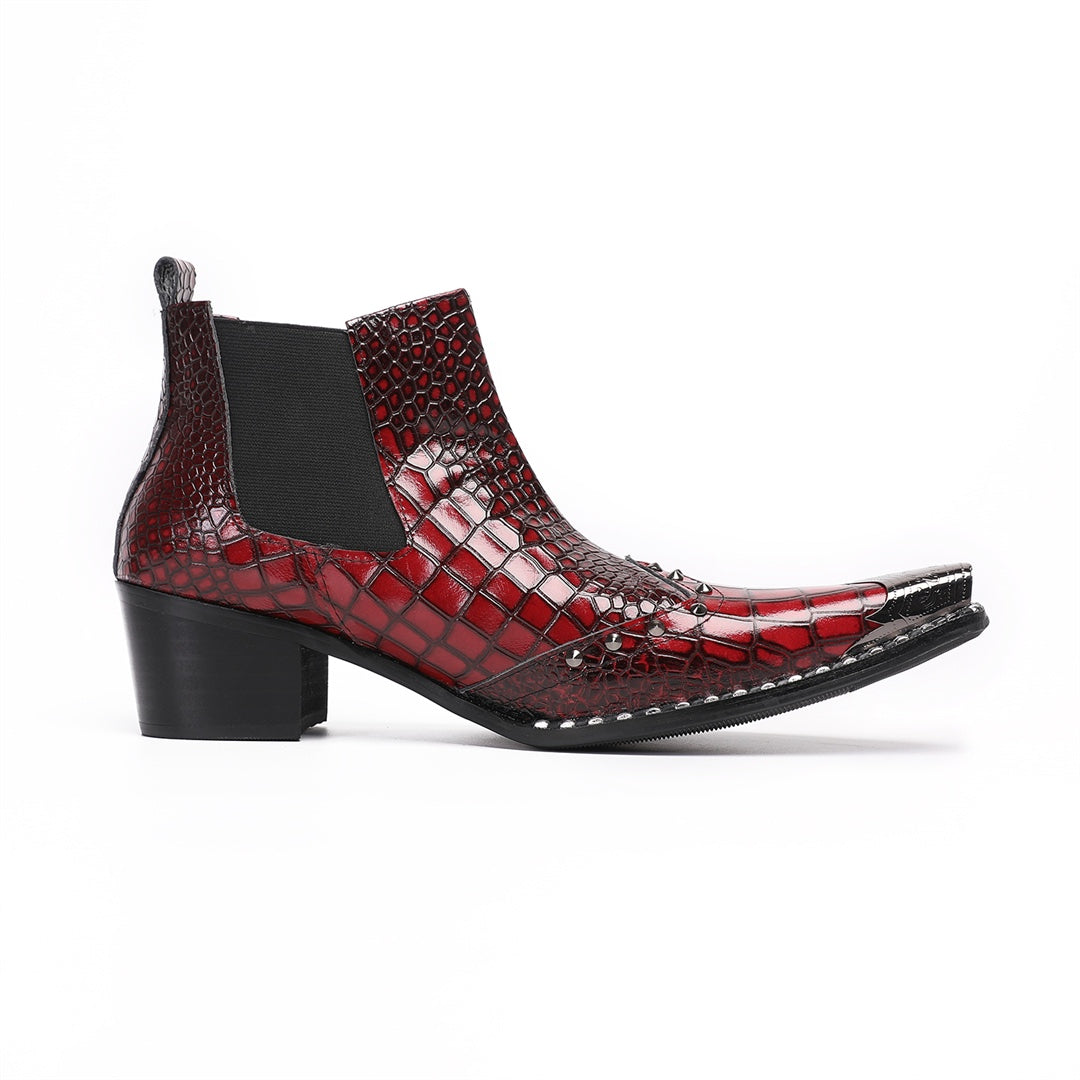 Pair of men's red crocodile embossed Chelsea boots with pointed metal toe caps and studs