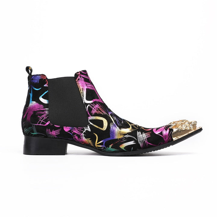 Pair of men's black Chelsea boots with a vibrant multi-color graffiti pattern and a gold metal pointed toe cap, shown from