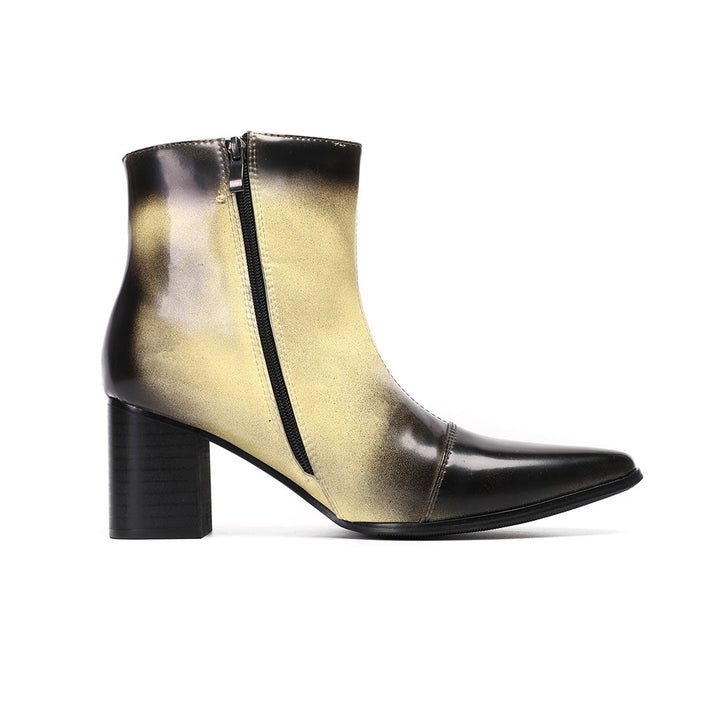 Pair of men's gradient ankle boots with a black to gold finish, pointed toe, and block heel, shown from various angles.