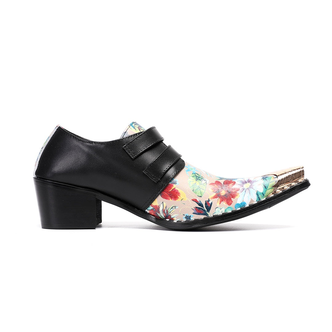 Pair of men's black and floral print buckle dress shoes with a gold metal pointed toe.