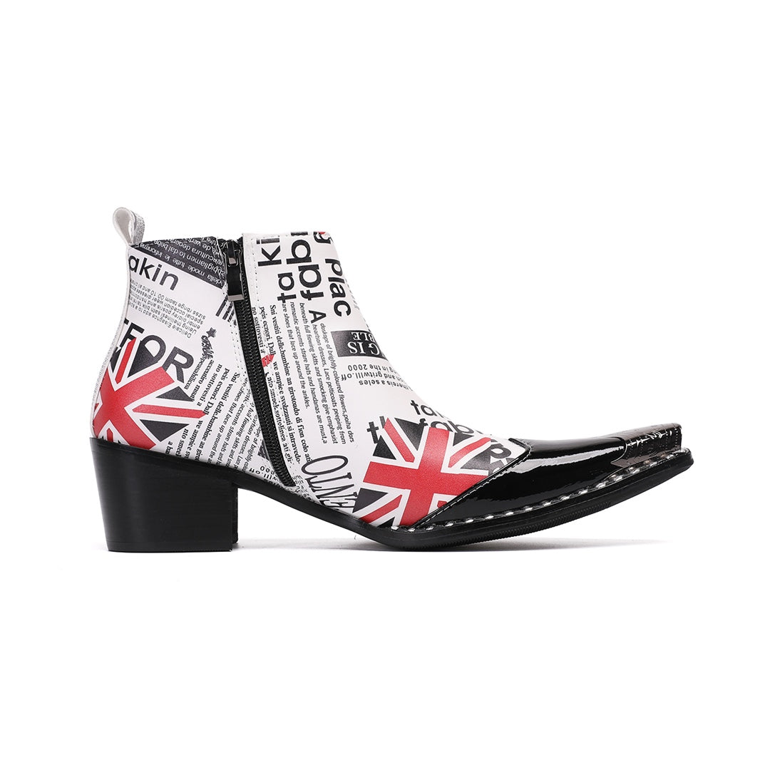 Men's white ankle boots with black newspaper print, red Union Jack flags, a sharp pointed toe with a black patent leather