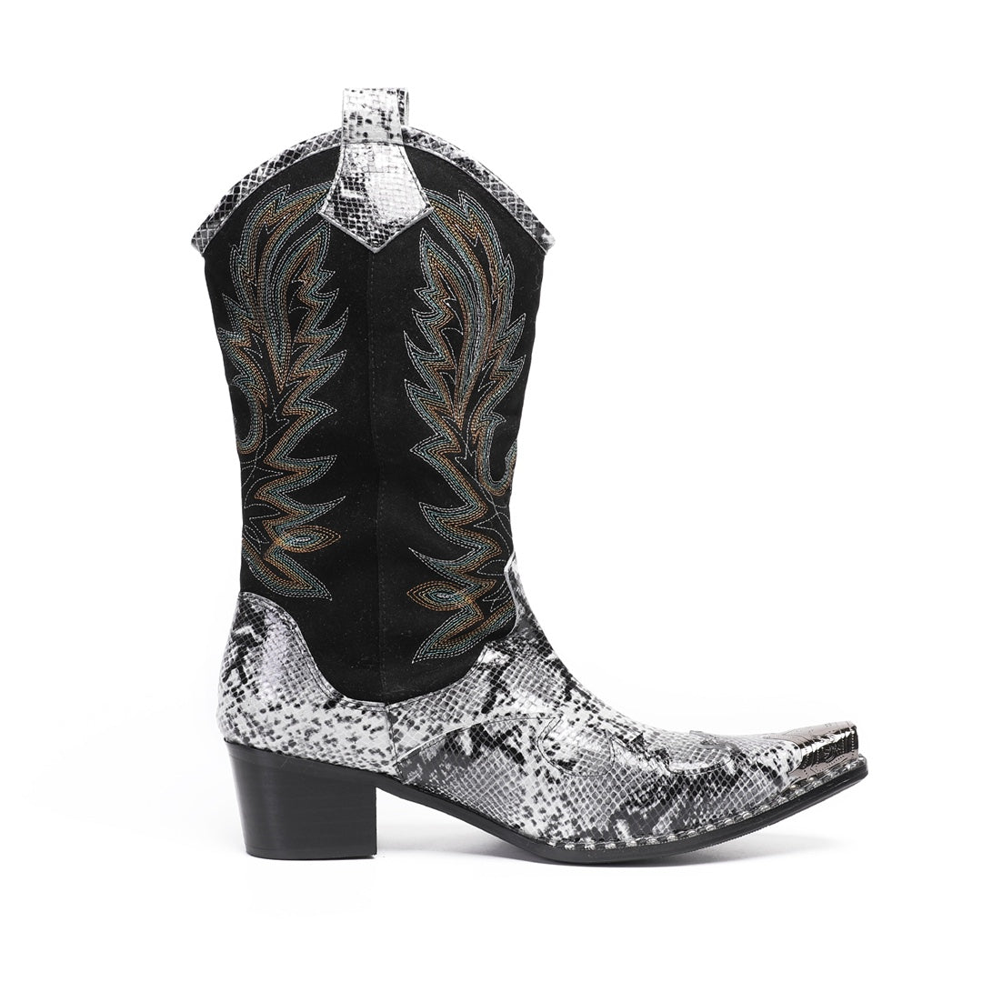 A pair of black and white snakeskin cowboy boots with an embroidered shaft and metal-tipped pointed toe.