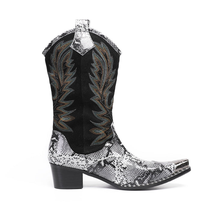 A pair of black and white snakeskin cowboy boots with an embroidered shaft and metal-tipped pointed toe.