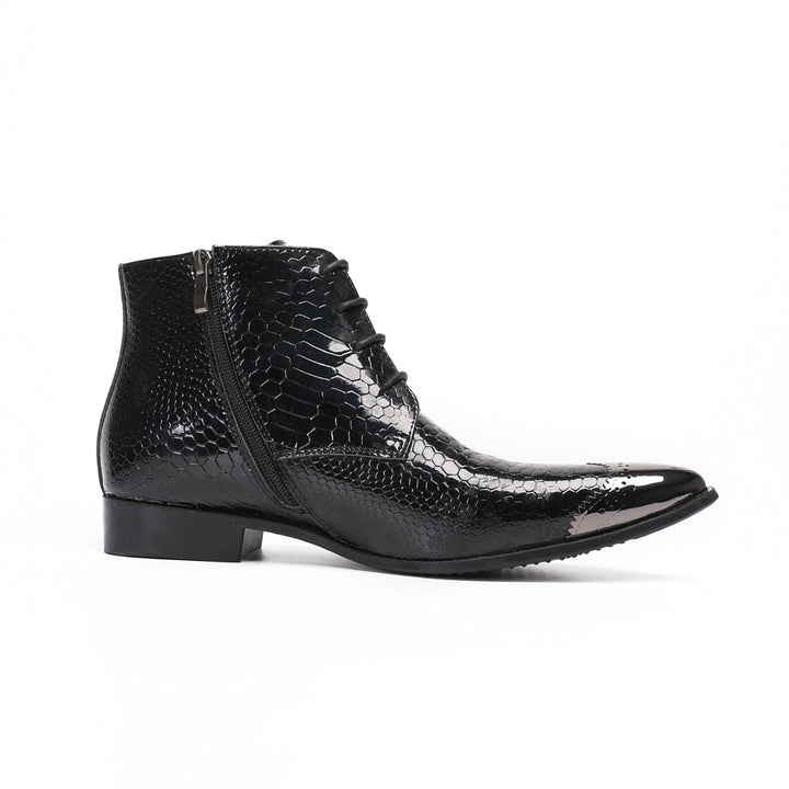 Pair of men's black snakeskin embossed ankle boots with a shiny metal pointed toe cap, lace-up front, and side zipper.
