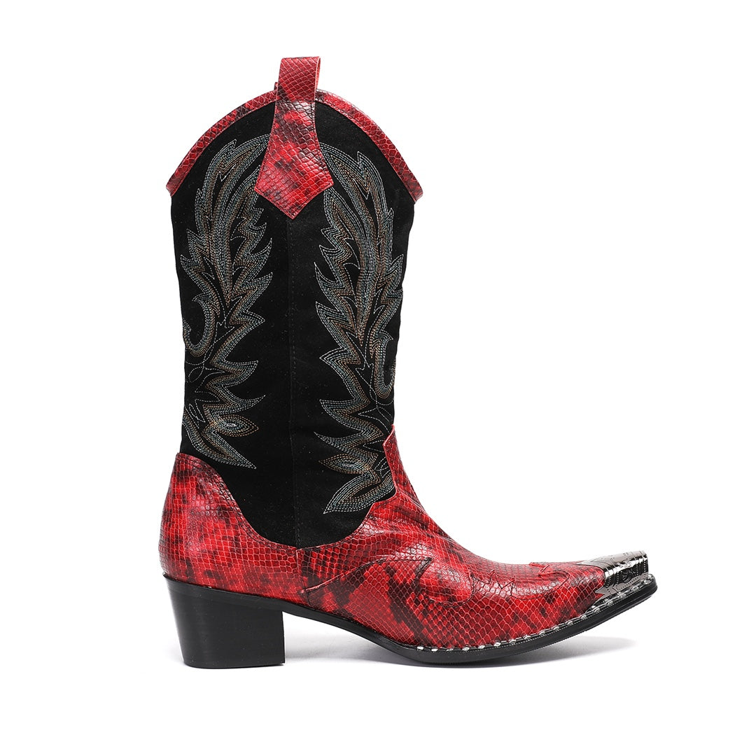 Pair of men's red snakeskin western boots with black shafts, intricate embroidery, and silver metal toe caps on a white