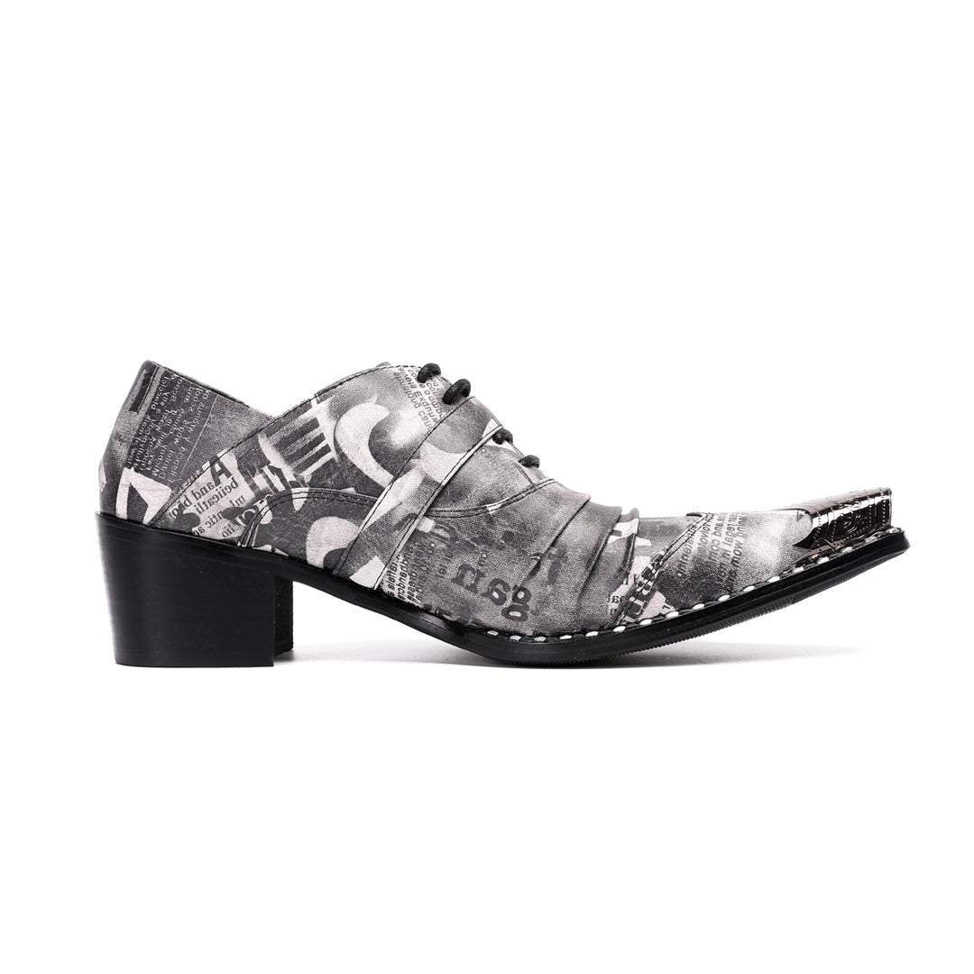 A pair of Dolashoes men's pointed toe lace-up shoes with a gray newspaper print, metal toe cap, and block heel.