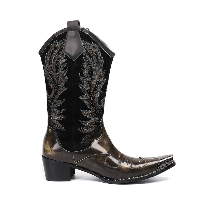 Pair of men's black and metallic bronze cowboy boots with intricate embroidery and a sharp pointed toe, shown against a white
