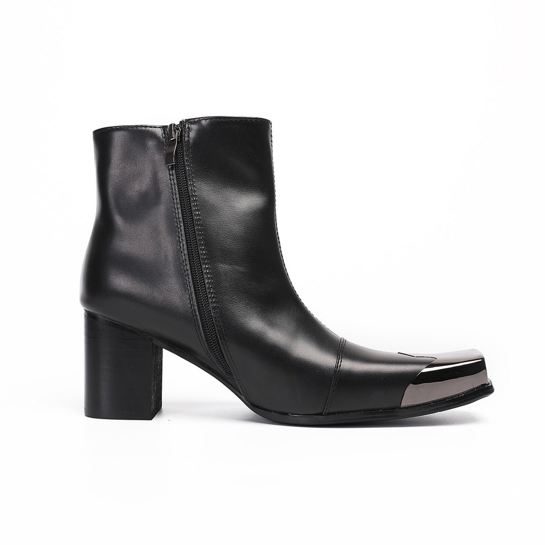A pair of men's black leather square toe ankle boots with a gunmetal cap and block heel, shown from various angles.