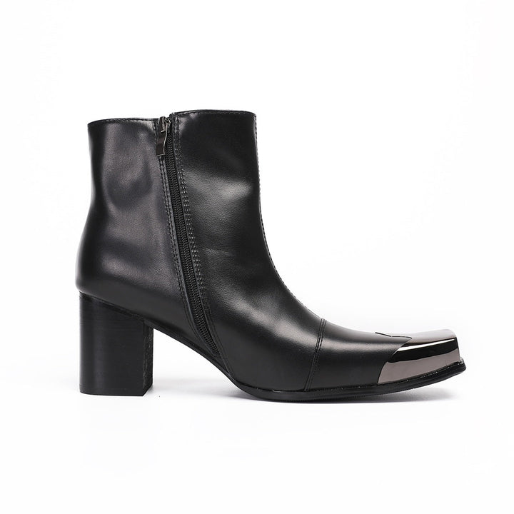 A pair of men's black leather square toe ankle boots with a gunmetal cap and block heel, shown from various angles.
