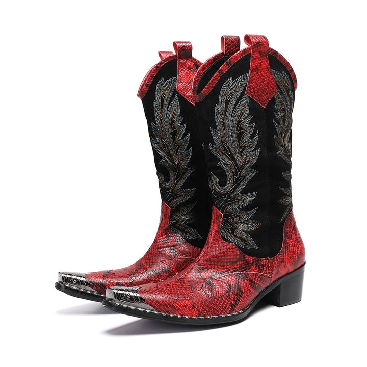 Pair of men's red snakeskin western boots with black shafts, intricate embroidery, and silver metal toe caps on a white