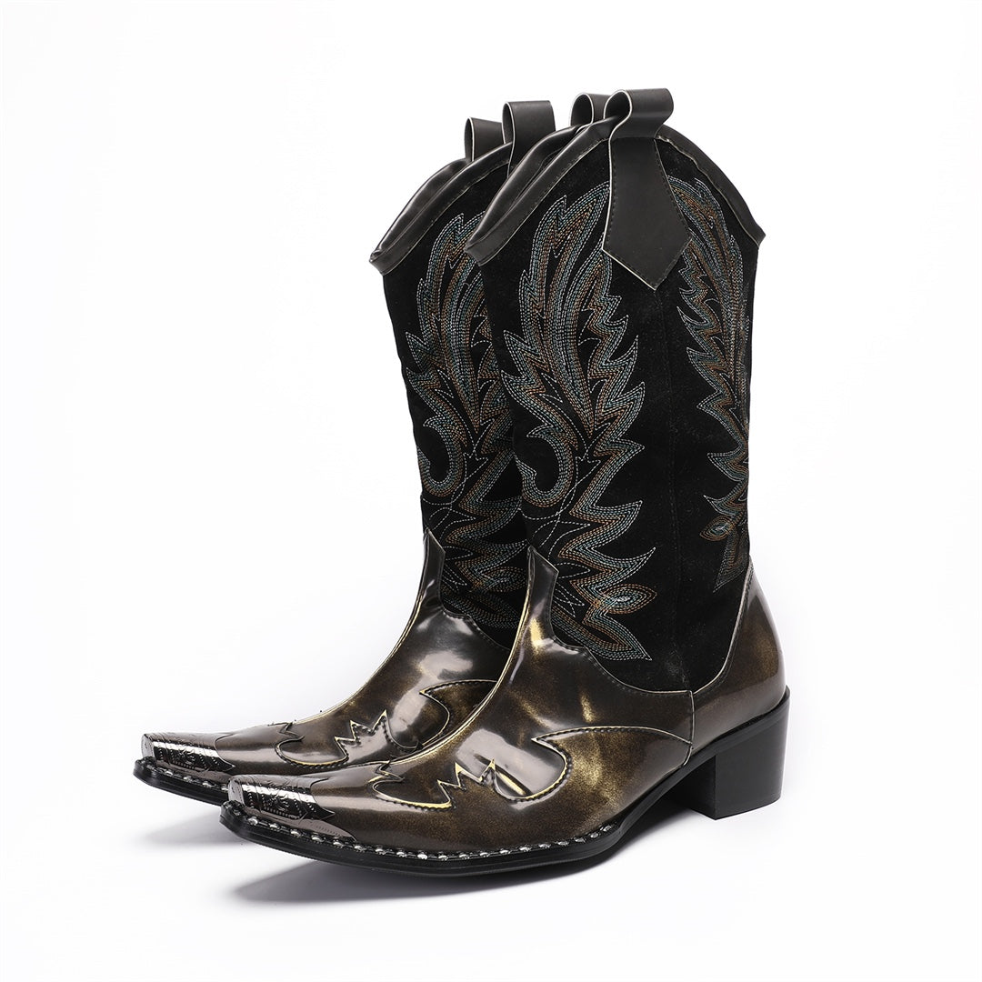 Pair of men's black and metallic bronze cowboy boots with intricate embroidery and a sharp pointed toe, shown against a white