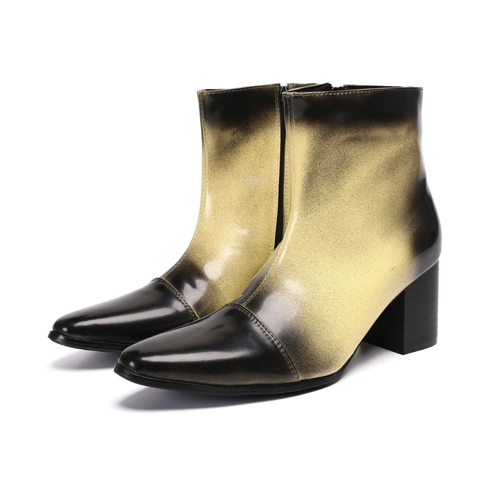 Pair of men's gradient ankle boots with a black to gold finish, pointed toe, and block heel, shown from various angles.