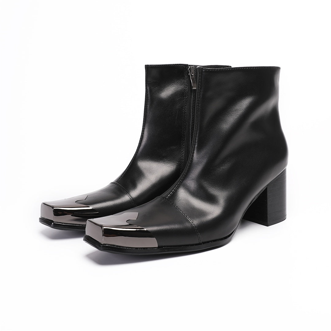 A pair of men's black leather square toe ankle boots with a gunmetal cap and block heel, shown from various angles.