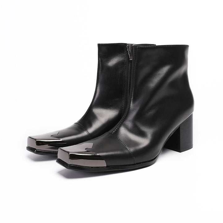 A pair of men's black leather square toe ankle boots with a gunmetal cap and block heel, shown from various angles.