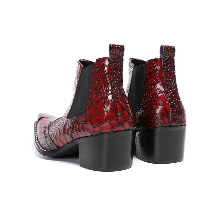 Pair of men's red crocodile embossed Chelsea boots with pointed metal toe caps and studs