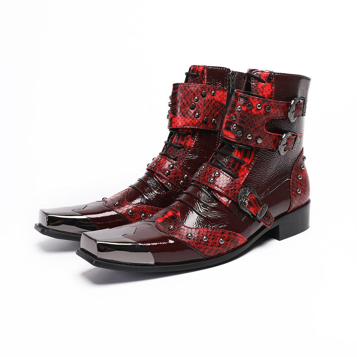 A pair of men's red studded ankle boots with snake print and metal toe cap, shown against a white background.