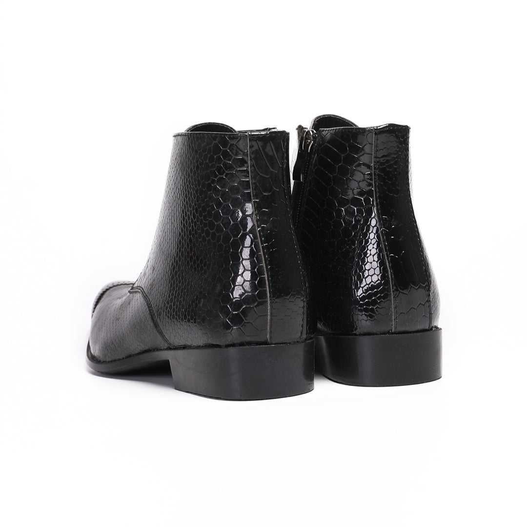 Pair of men's black snakeskin embossed ankle boots with a shiny metal pointed toe cap, lace-up front, and side zipper.