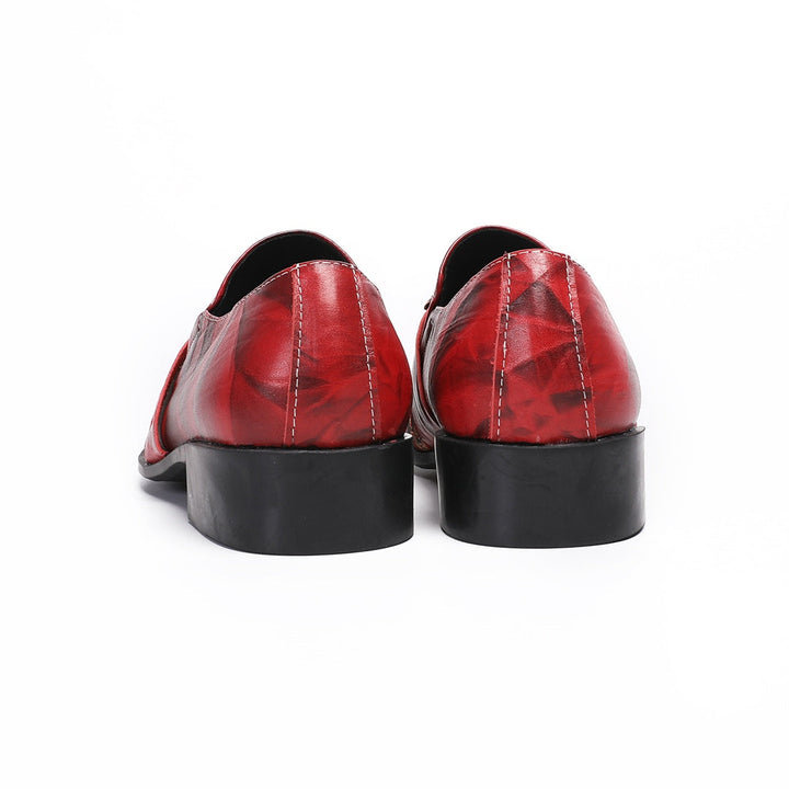 Pair of men's red and black floral slip-on loafers with gold metal square toe and decorative buckle.