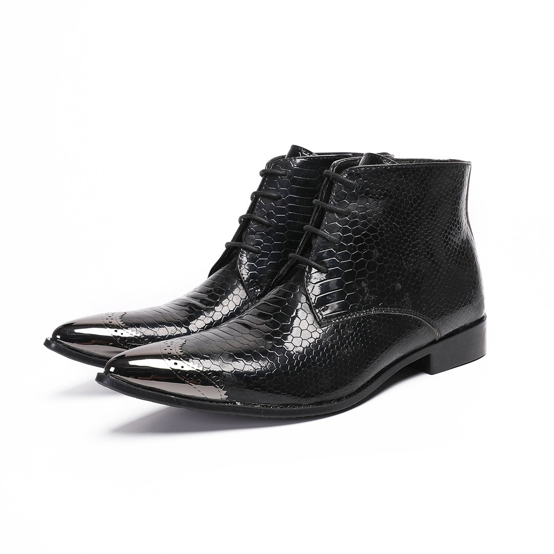 Pair of men's black snakeskin embossed ankle boots with a shiny metal pointed toe cap, lace-up front, and side zipper.