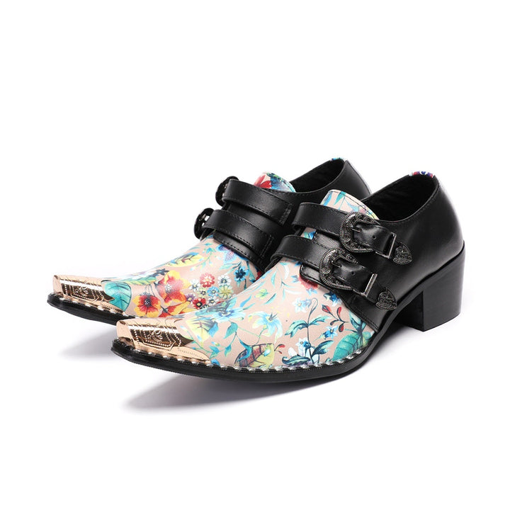 Pair of men's black and floral print buckle dress shoes with a gold metal pointed toe.