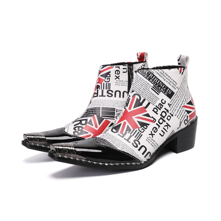 Men's white ankle boots with black newspaper print, red Union Jack flags, a sharp pointed toe with a black patent leather