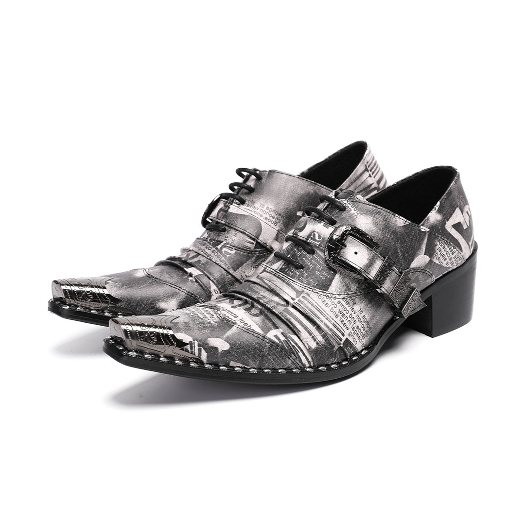 A pair of Dolashoes men's pointed toe lace-up shoes with a gray newspaper print, metal toe cap, and block heel.