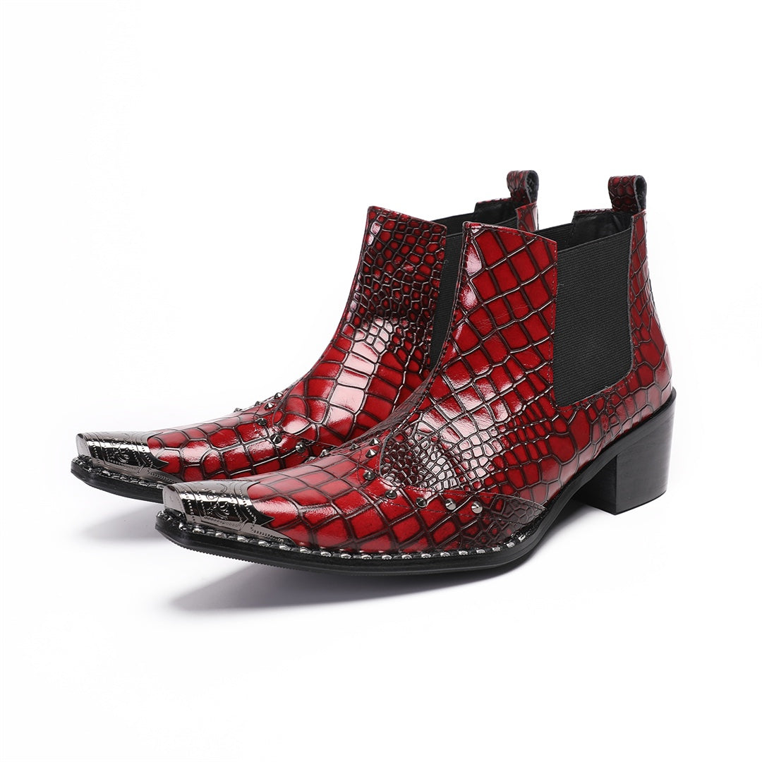 Pair of men's red crocodile embossed Chelsea boots with pointed metal toe caps and studs