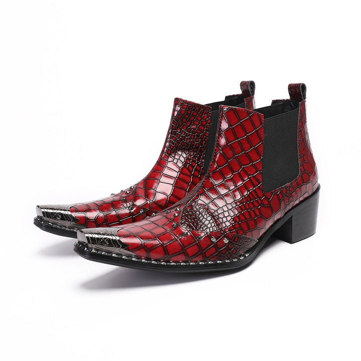 Pair of men's red crocodile embossed Chelsea boots with pointed metal toe caps and studs