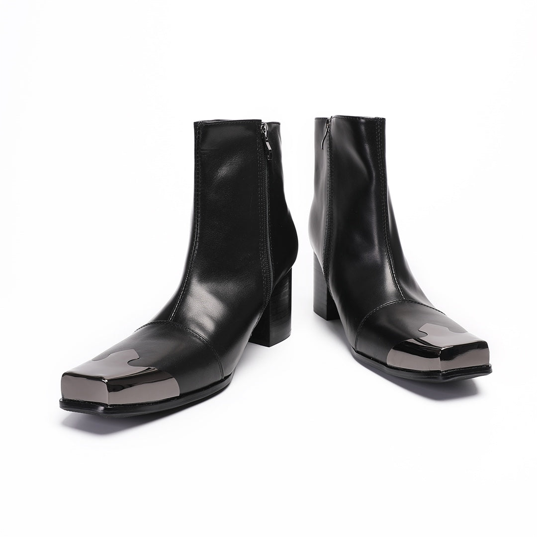 A pair of men's black leather square toe ankle boots with a gunmetal cap and block heel, shown from various angles.