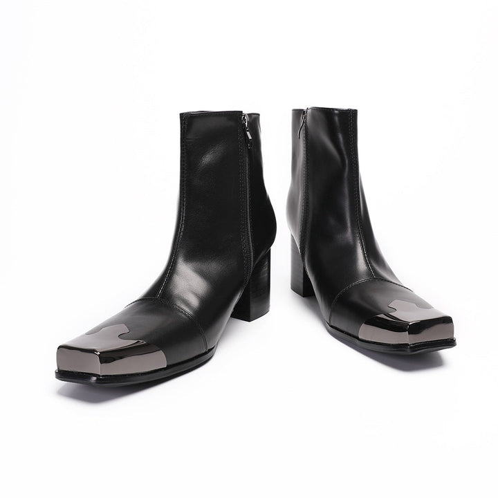 A pair of men's black leather square toe ankle boots with a gunmetal cap and block heel, shown from various angles.