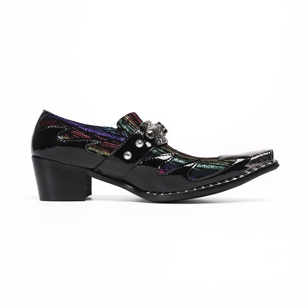 A single black patent leather men's dress shoe with a pointed metal toe, rainbow-striped vamp, and a decorative silver buckle