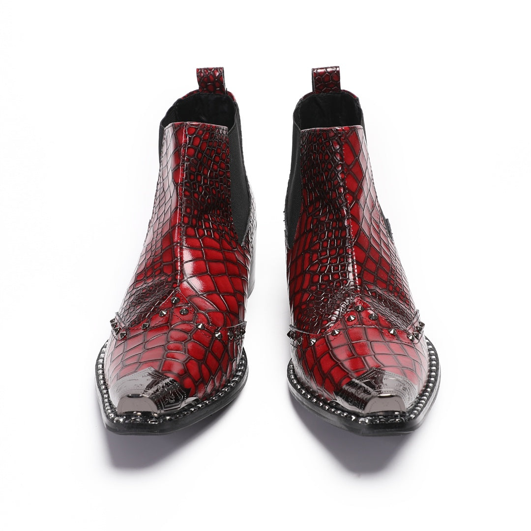 Pair of men's red crocodile embossed Chelsea boots with pointed metal toe caps and studs