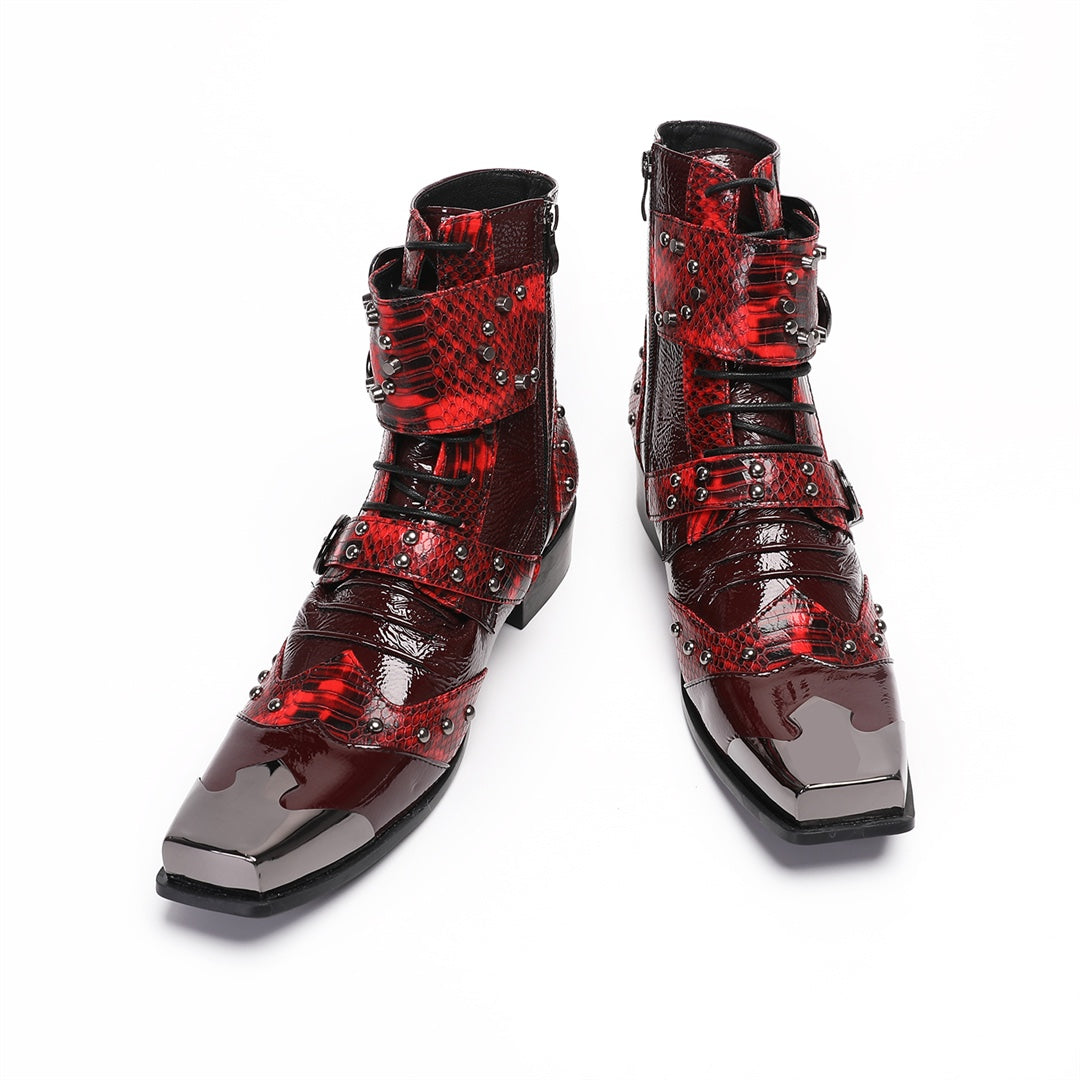 A pair of men's red studded ankle boots with snake print and metal toe cap, shown against a white background.