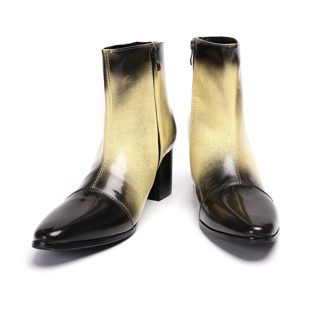 Pair of men's gradient ankle boots with a black to gold finish, pointed toe, and block heel, shown from various angles.