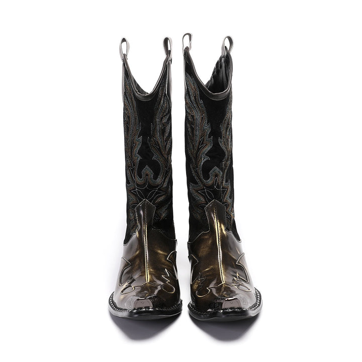 Pair of men's black and metallic bronze cowboy boots with intricate embroidery and a sharp pointed toe, shown against a white