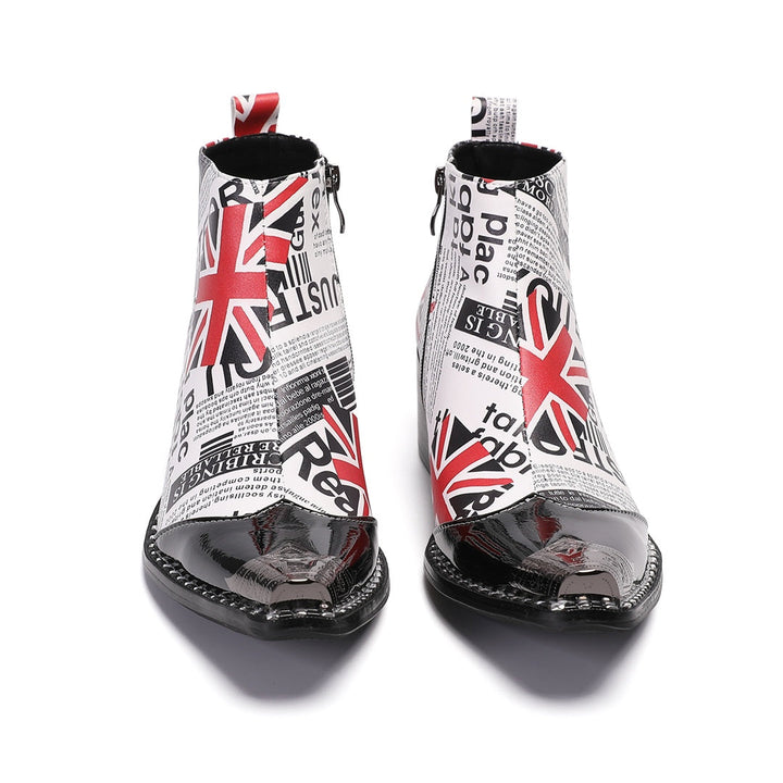 Men's white ankle boots with black newspaper print, red Union Jack flags, a sharp pointed toe with a black patent leather