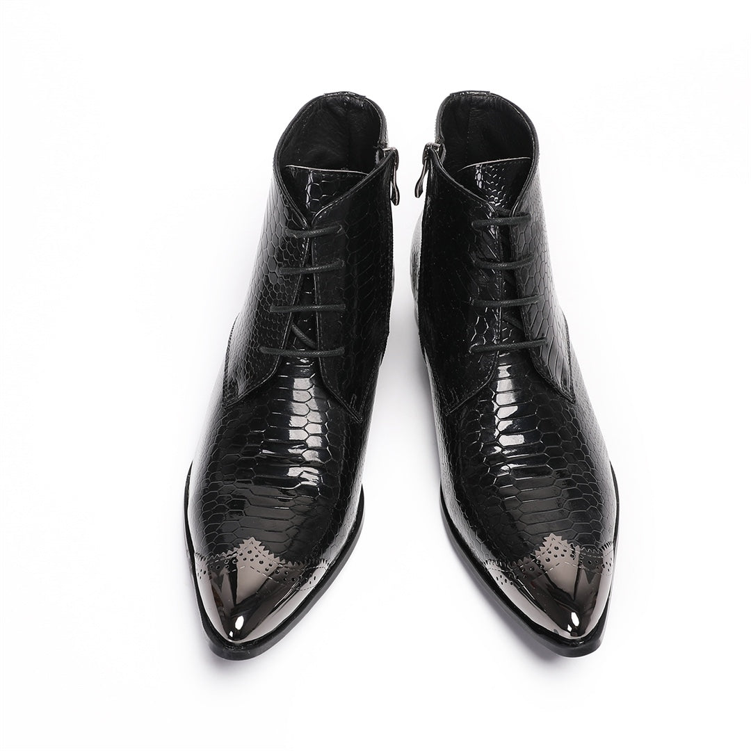 Pair of men's black snakeskin embossed ankle boots with a shiny metal pointed toe cap, lace-up front, and side zipper.