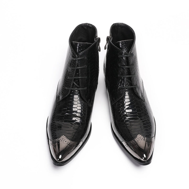 Pair of men's black snakeskin embossed ankle boots with a shiny metal pointed toe cap, lace-up front, and side zipper.