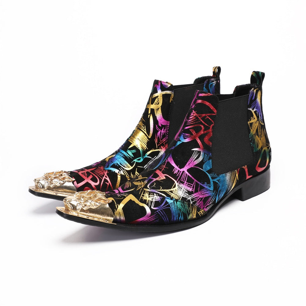 Pair of men's black Chelsea boots with a vibrant multi-color graffiti pattern and a gold metal pointed toe cap, shown from