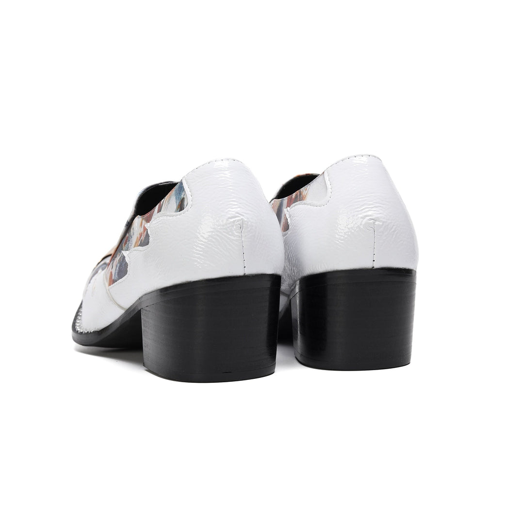 Pair of white abstract print slip-on loafers with gold metal toe caps and black block heels.